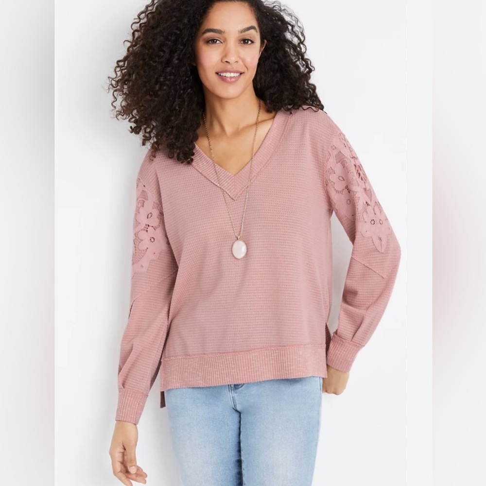 Maurices pink waffle lace sleeve v neck top 3x